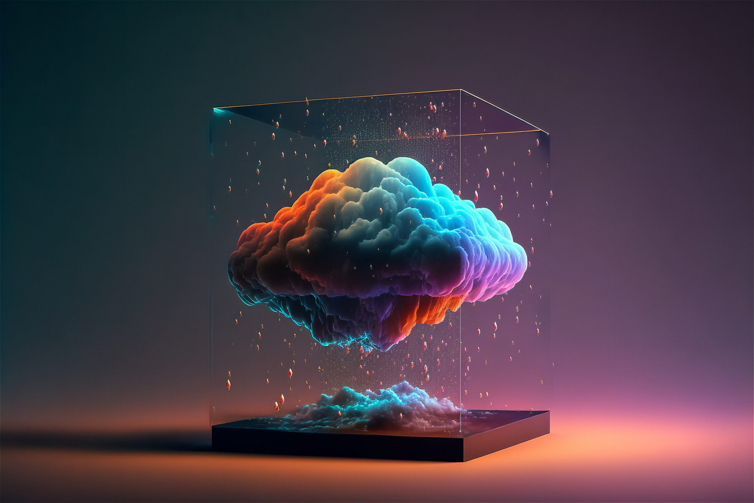Creative cloud concept in glass cube. Cloudscape digital metaverse infrastructure